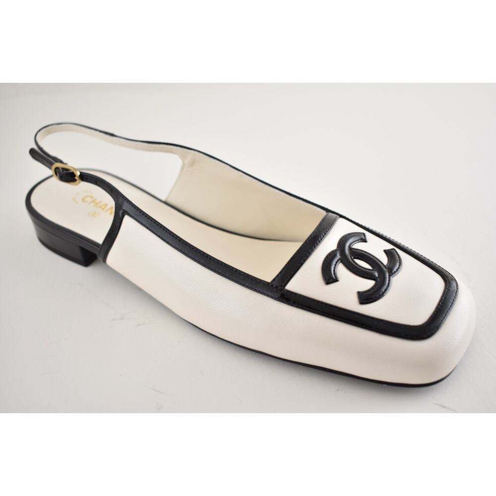 Chanel 26B White Black Square Toe CC Logo Slingback Ballet Ballerina Flat 39 - Picture 6 of 16